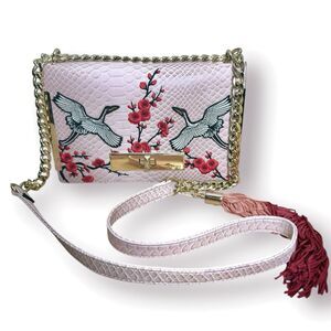 Aldo Embroidered Cherry Blossoms Cranes Oriental Crossbody Bag Pink Artsy Art